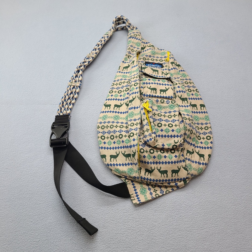 KAVU Rope Bag Unisex OS Beige Excellent Deer Fair Isle Canvas Sling Backpack